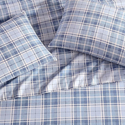 Laura Ashley - Flannel Sheets King Size, Anti-Pilling & Wrinkle Resistant Cotton, Touchably Soft for All-Season Comfort - Bed Sheets with Matching Pillowcases & Fitted Sheet (Mulholland Plaid Blue)