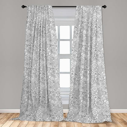 Ambesonne Black and White Window Curtains, Paisley Design with Sketch Style Flowers Leaves on Monochrome Background, Decor 2-Panel Set with Rod Pocket, Pair of - 28" x 63", White and Charcoal