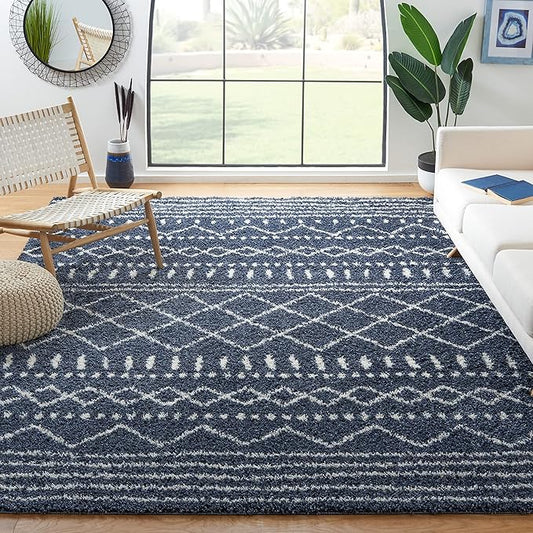 SAFAVIEH Arizona Shag Collection Area Rug - 6'7" Square, Slate Blue & Ivory, Moroccan Design, Non-Shedding & Easy Care, 1.6-inch Thick Ideal for High Traffic Areas in Living Room, Bedroom (ASG741L)