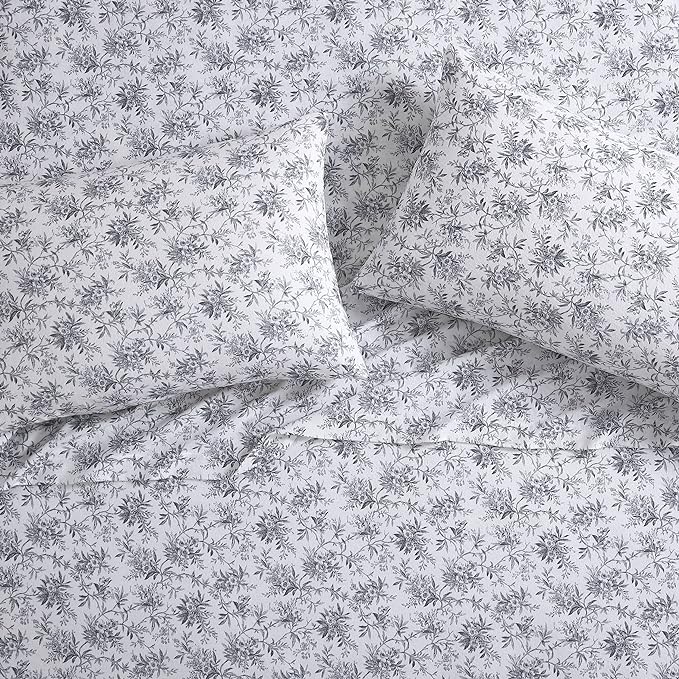 Laura Ashley - Flannel Sheets Twin Size, Anti-Pilling & Wrinkle Resistant Cotton, Touchably Soft for All-Season Comfort - Bed Sheets with Matching Pillowcase & Fitted Sheet (Faye Toile Black)