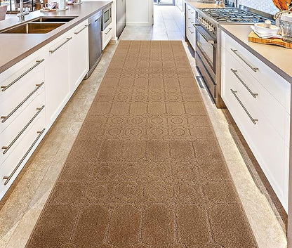 Custom Size Modern Abstract Floor Carpet Runner Rug for Hallways, Slip Resistant Latex Rubber Backed, 31 inch Wide X Customized Length, Art Gold Tan, 31 inch X 25 feet