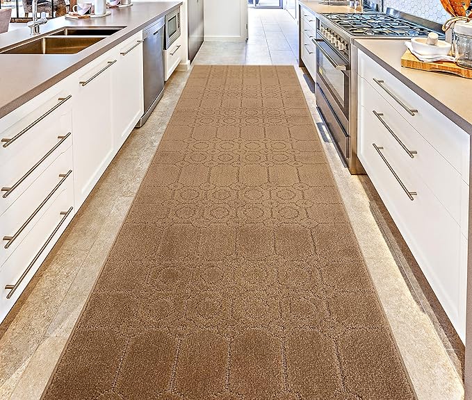 Custom Size Modern Abstract Floor Carpet Runner Rug for Hallways, Slip Resistant Latex Rubber Backed, 31 inch Wide X Customized Length, Art Gold Tan, 31 inch X 27 feet