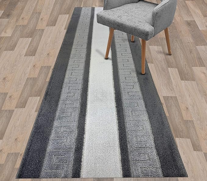 Custom Length Cut to Size Ancient Latin Hellenic Motif Carpet Runner Rug for Hallways, Non Slip Rubber Backed, 31 inch Wide X Customized Length, Greek Key Grey, 31 inch X 24 feet