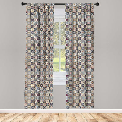Ambesonne Moroccan Window Curtains, Portuguese Azulejo Checkered Squares Colorful Pattern Floral Arrangement, Lightweight Decor 2-Panel Set with Rod Pocket, Pair of - 28" x 95", Dark Blue Amber Red