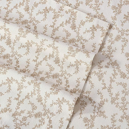Laura Ashley - Flannel Sheets Queen Size, Anti-Pilling & Wrinkle Resistant Cotton, Touchably Soft for All-Season Comfort - Bed Sheets with Matching Pillowcases & Fitted Sheet (Victoria Beige)