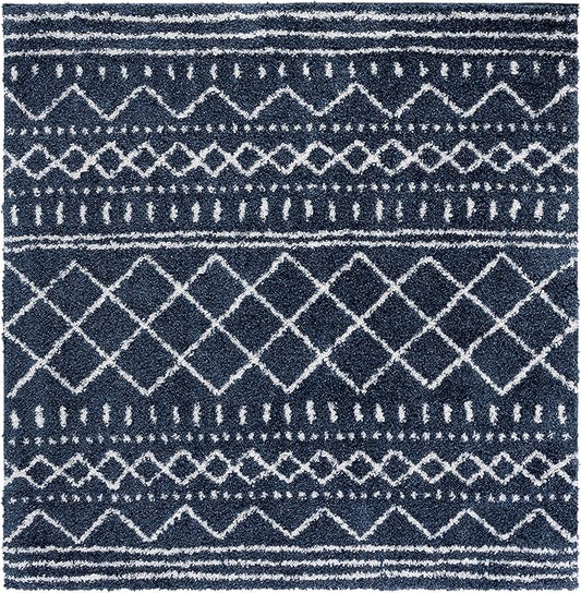 SAFAVIEH Arizona Shag Collection Area Rug - 3'2" Square, Slate Blue & Ivory, Moroccan Design, 1.6-inch Thick, Non-Shedding, Ideal for High Traffic Areas in Living Room, Bedroom, Dining (ASG741L-3SQ)