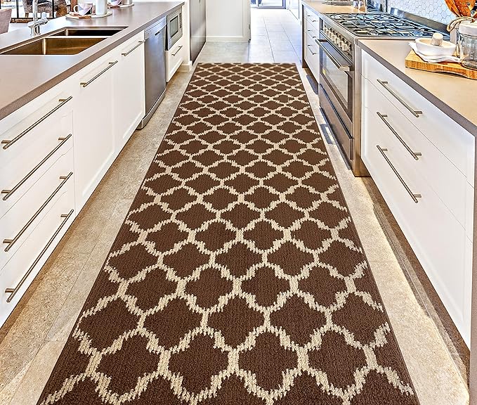 Custom Size Cut to Length Moroccan Trellis Design Runner Rug Mat For Wide Long Hallways with Non-Slip Rubber Backing, Better Traction for Pets, Prevent Slippage, Trellis Brown, 31 inch X 6 feet
