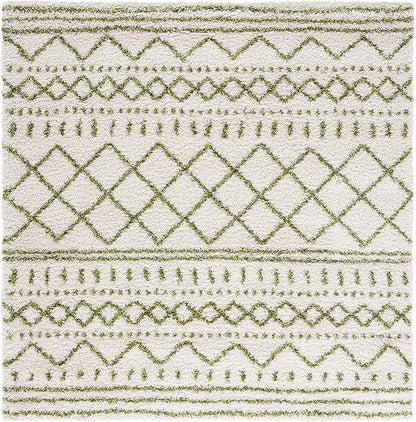 SAFAVIEH Arizona Shag Collection Area Rug - 6'7" Square, Ivory & Green, Moroccan Design, Non-Shedding & Easy Care, 1.6-inch Thick Ideal for High Traffic Areas in Living Room, Bedroom (ASG741Y)