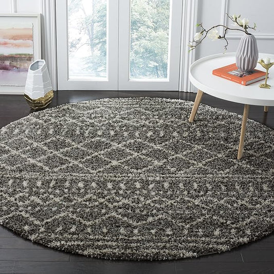 SAFAVIEH Arizona Shag Collection Area Rug - 10' Round, Charcoal/Beige, Geometric Design, Plush 1.6 Inch Thick Ideal for High Traffic Areas in Living Room, Bedroom, Dining (ASG741B)